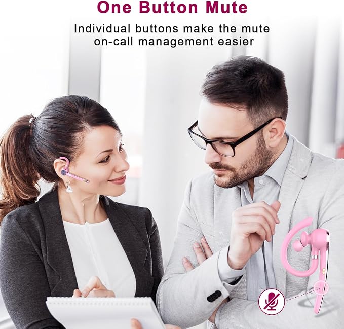 HEIBAS Bluetooth Headset, Wireless Earpiece with Mic for Work | 72H Playtime, 500mAh Charging Case, Hands-Free Calling with Mute Button for Work, Trucker, Office, Driving, iPhone, Pink
