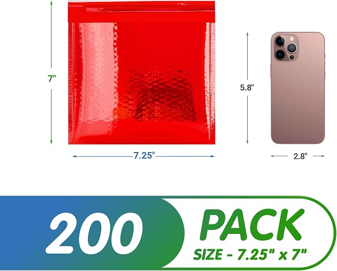 Glamour Metallic Bubble Mailers 6.5 x 9 Inches Red, 200 Pack Padded Envelopes for Shipping, Mailing, Packaging Protection