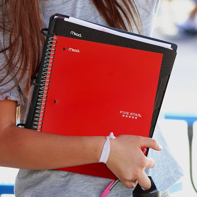 Five Star Spiral Notebook + Study App, 5 Subject, Wide Ruled Paper, Fights Ink Bleed, Water Resistant Cover, 8" x 10-1/2", 200 Sheets, Fire Red (72041) (Pack of 2)