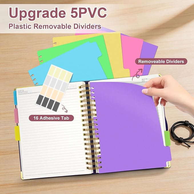 Hardcover Spiral Notebook Journal with Removable Dividers Tabs | 320 Pages, 5 Subject Notebooks College Ruled, 8.5"x11" Large A4 Leather for Work & School, Lined Journal for Women