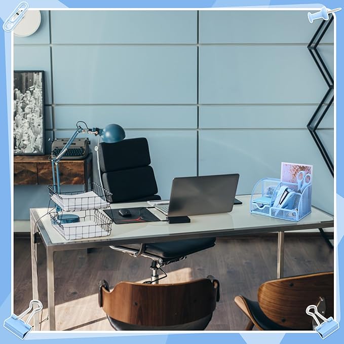 11 In 1 Blue Desk Organizer And Accessories, Light Blue Office Supplies Include Stapler, Tape Dispenser, Pen Holder, Staple Remover, Clips, Ruler, Scissors, Tapes, Tabs