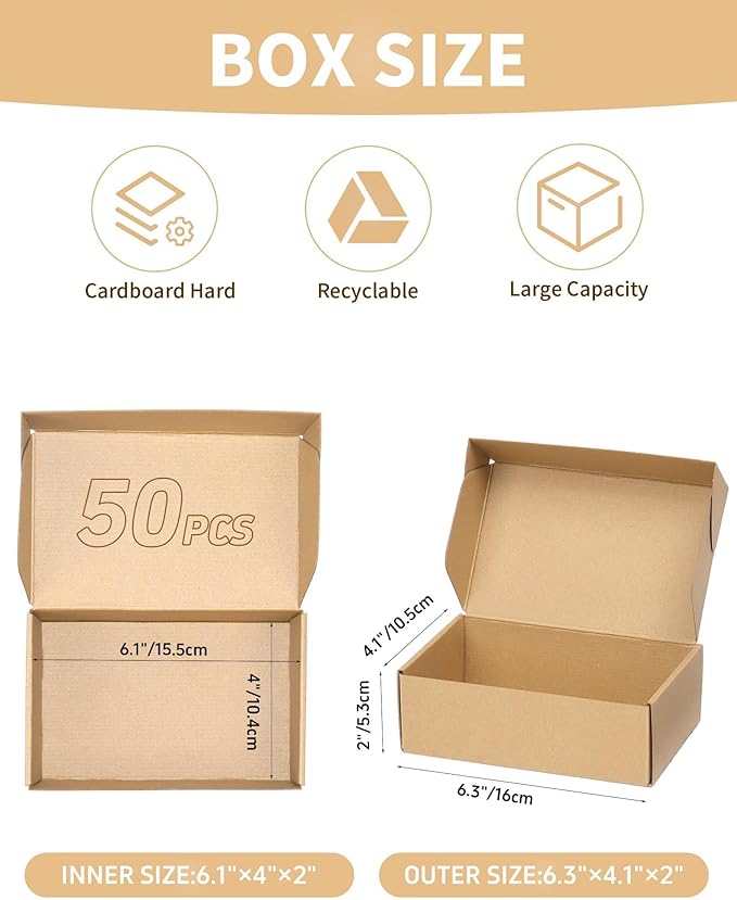 50 Pack Small Shipping Boxes, 6x4x2 Inch Brown Cardboard Boxes for Small Business