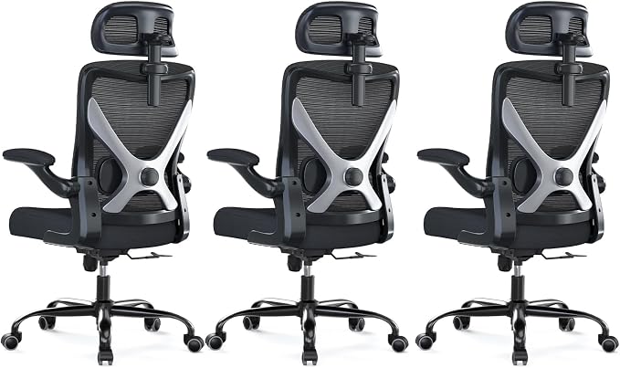 Ergonomic Office Chair: Mesh Desk Chair Comfy with Headrest& Lumbar Support | Ergalithic Big and Tall Office Chairs with Wheels & Flip-Up Arms-Computer Gaming Chairs for Adults (Black-Pack of 3)