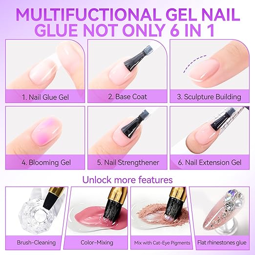 Gelike EC UV Nail Glue Gel: 32ML 6 in 1 Strong Glue Nail for Extension Home DIY Clear UV Cure Adhesive for Acrylic Nails & Press On Nails Tips 12 Toxic-Free