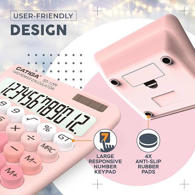 CATIGA Mechanical Switch Calculator with Solar and Battery Dual Power, 12-Digit Large LCD Display, Aesthetic and Cute Desktop Calculator with Big Button, for Home, School and Office Use, SD-1299