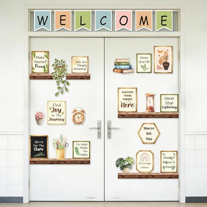 59Pcs Welcome Back to School Bulletin Board Decorations, Boho Classroom Decor, Greenery Plant Bookshelf Inspirational Affirmation Cutouts for Teacher Supplies Office Classroom Door Wall Decor