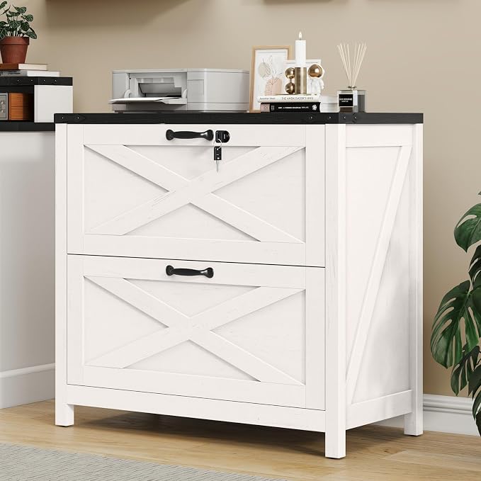 Halitaa Farmhouse Lateral File Cabinet with 2 Drawers, White and Black | Lateral Filing Cabinet with Lock for Letter/A4/Legal Size, Large Wood File Storage Cabinet Printer Stand for Home Office