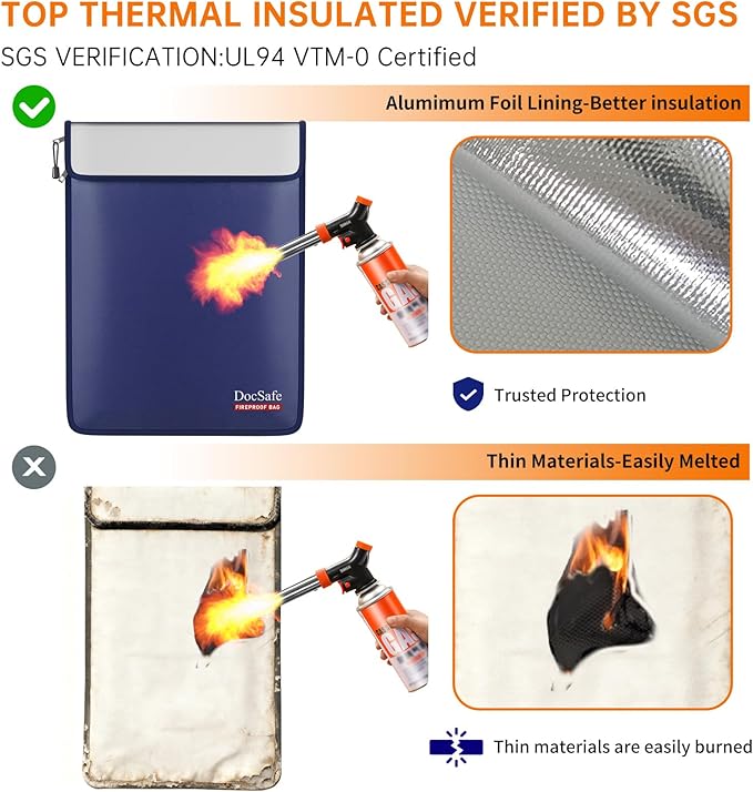 DocSafe Fireproof Document Bag (5200℉) with Fireproof Organizer Travel Case,Heat Insulated Fire＆Water Resistant 8 Layers Safe Money Bag Storage for Important Documents,Cash,Power Bank,Valuables,Blue