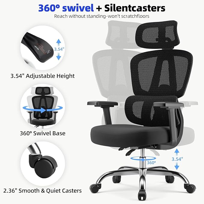 Office Chair Ergonomic Desk Chair Breathable Mesh Chair with Lumbar Support & Headrest, Black Office Chair 330 Lbs Home Computer Chair Thickened Cushion for Adults & Women (Small Chair)