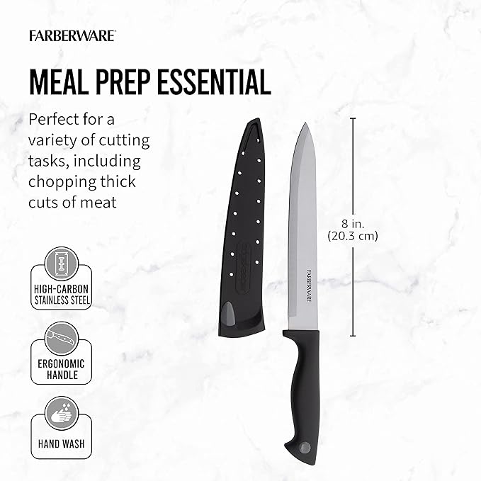 Farberware Edgekeeper 8-Inch Slicing Knife with Self-Sharpening Blade Cover, High Carbon-Stainless Steel Kitchen Knife with Ergonomic Handle, Razor-Sharp Knife, Black