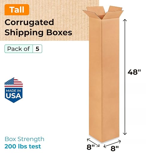 IDL Packaging Tall Corrugated Shipping Boxes 8"L x 8"W x 48"H (Pack of 5) - Excellent Choice of Strong Packing Boxes for USPS, UPS, FedEx Shipping - Easy-to-Recycle Cardboard Boxes for Packaging | Extra Strength 200 lb vs Regular - Corrugated Durable M...