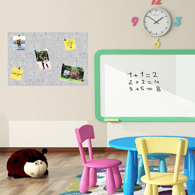 Large Square Felt Cork Board Tiles, Self Adhesive DIY Felt Bulletin Board Pin Board with 35 Pushpins for Office School Home Wall Decor Stickers Memos Photos Display (Light Grey)
