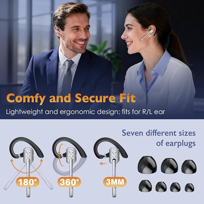 Bluetooth Headset, Wireless Headset with Dual-Mics & Noise Cancelling, Bluetooth Earpiece with Mute, V5.3 Hands-Free Headset with QCC Chip for Phone PC iOS Android