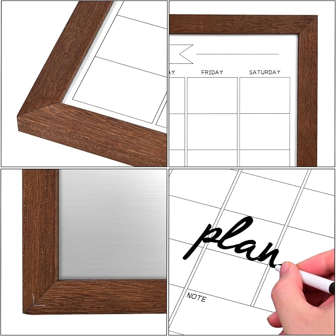 Dry Erase Monthly Calendar Whiteboard, Magnetic White Board for Wall,Brown | Small 10.6"x 14.6",Hanging Board for Office, Home School, Solid Pine Wood Black Framed Message Board