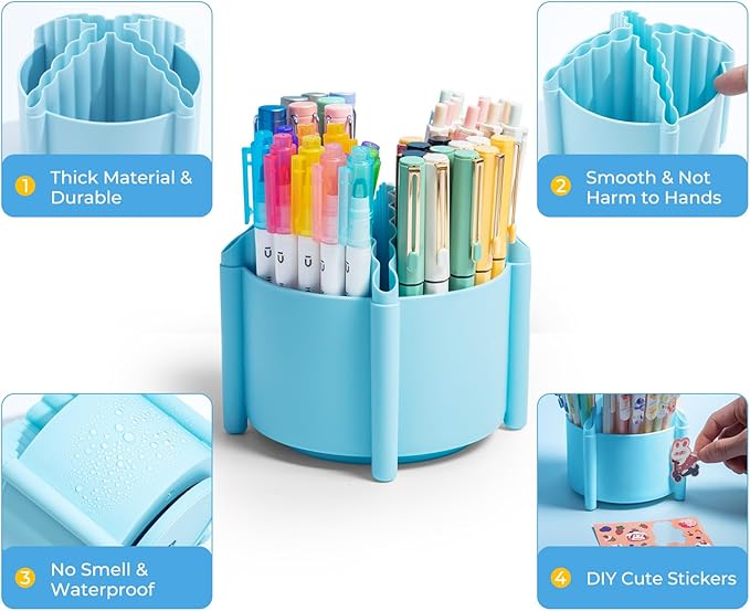 M&G 360 Degree Rotating Desk Organizer, 4 Slot Pencil Holder with Stickers, Multi-Purpose Cute Pen Pencil Cup for Make Up Brush Office School Home (Blue)