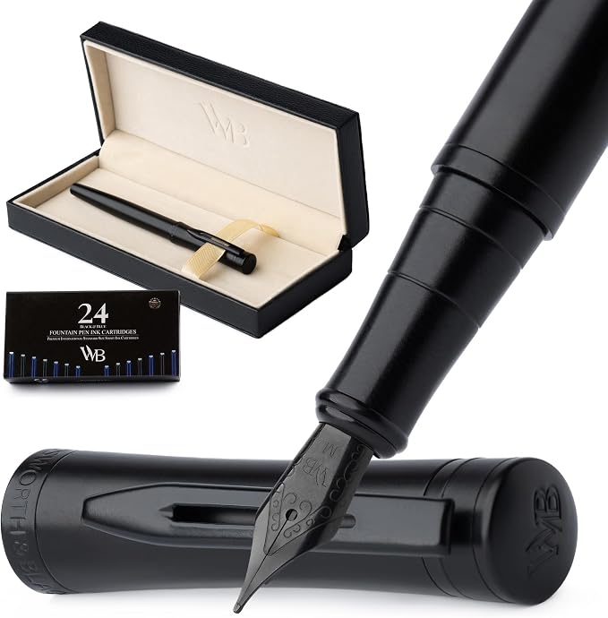Wordsworth & Black Luxury Fountain Pen Set for Writing, Medium Nib, Black | Gift for Men & Women, Brass Body, German Iridium, Calligraphy, Converter + 24 Ink Cartridges, Refillable, Leak-Free