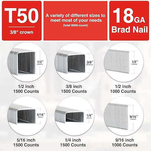 SHALL Heavy Duty T50 Staples and 18GA Brad Nails Combo Kit, 8000-Count, Four Sizes of T50 Staples for Staple Gun Including 1/4, 5/16, 3/8, 1/2 Inch and Two Sizes of Brad Nails Including 1/2, 9/16 Inch
