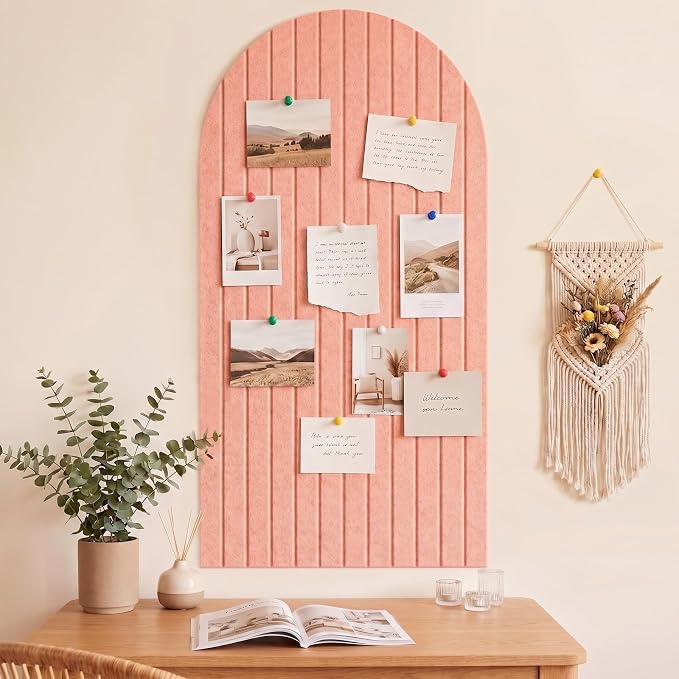 Arched Felt Bulletin Board 47" x 24", High-Density Cork Board Alternative for Office & Wall Decor, DIY Corkboards for Wall with 30 Push Pins & 50 Adhesive Tabs, Picture-Board for Home (Pink)