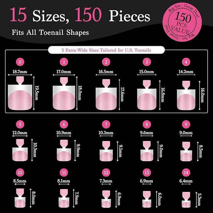 Toe Nails Press On French Tips for Women, 15 Sizes 150 Pcs Sharp Square Pre-applied Primer & Base Coat Toenail Press Ons Baby Pink Full Cover Fake Tips Extension