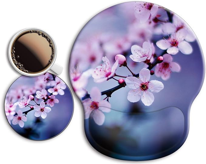 Ergonomic Mouse Pad with Wrist Support Rest,Large Mousepad Gel Wrist Rest, with Coaster Non-Slip & Pain Relief for Computer, Desk, Home&Office-Cherry Blossom