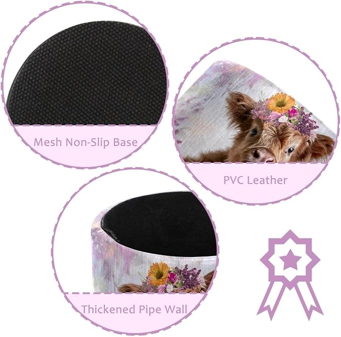 Leather Pen Holder for Desk, Highland Cow Purple Flower Pencil Cup Pen Organizer Makeup Brush Holder for Office Home Kids Countertop Desk Accessory Storage