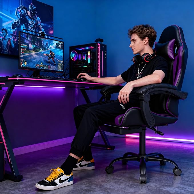 Gaming Chair with Headrest and Lumbar Support, Ergonomic High Back Office Chair, Racing Style Executive Computer Desk Chair, Leather Adjustable Swivel Task Chair for Home Office (Purple)