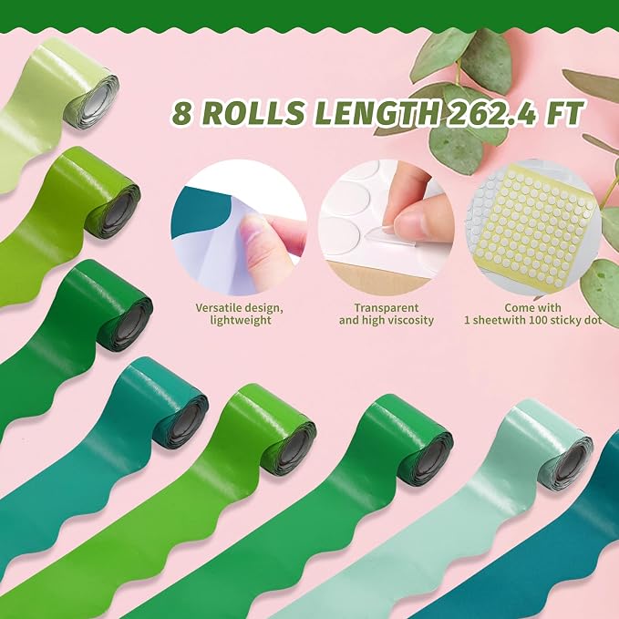 8 Rolls 262.4 Ft Bulletin Board Borders - Green Scalloped Bulletin Board Borders for Classroom, School & Office Decor - Bulletin Boards Decorations - Bulletin Boards Trim