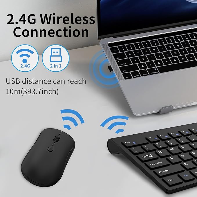 Slim Silent Full Size Wireless Keyboard Mouse Combo Black | With calculator key, 2400 DPI quiet mouse, USB cordless set, compatible with Windows, Mac, Laptop & PC