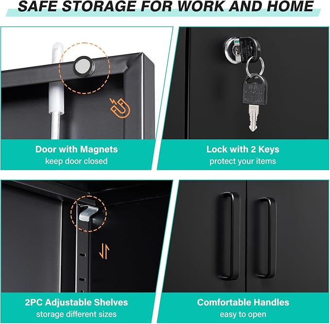 Metal Storage Cabinet Locked Steel Cabinet with 2 Adjustable Shelves,Office Cabinet Locking Tool Cabinets,Kitchen Storage Cabinets Metal Locker Small Counter Height Storage Cupboard 36" H