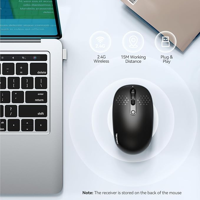 TECKNET Compact Ambidextrous Wireless Mouse for Laptop Black | 2.4G Quiet Computer Mouse with USB Receiver, 3 Adjustable DPI Portable Cordless Mice for Chromebook, Laptop, PC, Mac