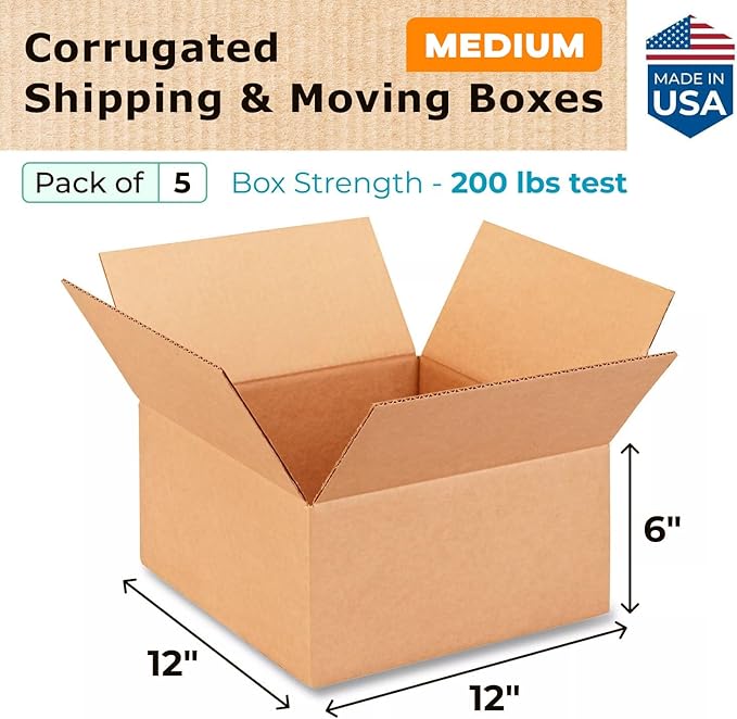 Medium Moving & Shipping Boxes 12 x 12 x 6 inches (5-Pack) - Extra Strength 200 lb vs Regular - USA-Made Corrugated Packing Boxes for Moving Medium Volume - Box for Shipping by IDL Packaging -