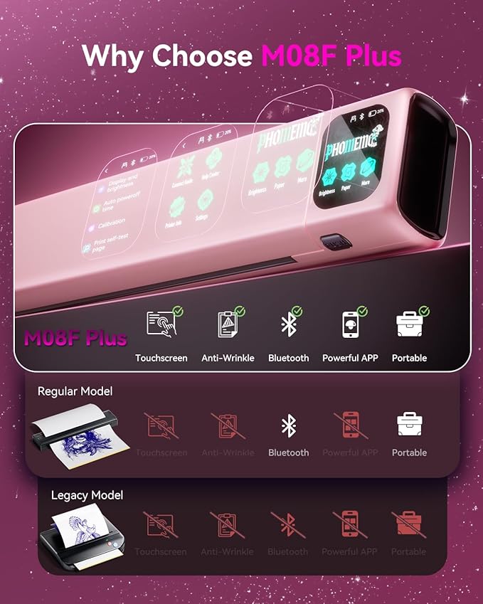Phomemo M08F Plus Tattoo Stencil Printer with Touchscreen, Bluetooth Tattoo Printer Machine with 10pcs Transfer Paper, Compatible with Phone, Tablet, PC, Tattoo Supplies for Professionals, Pink