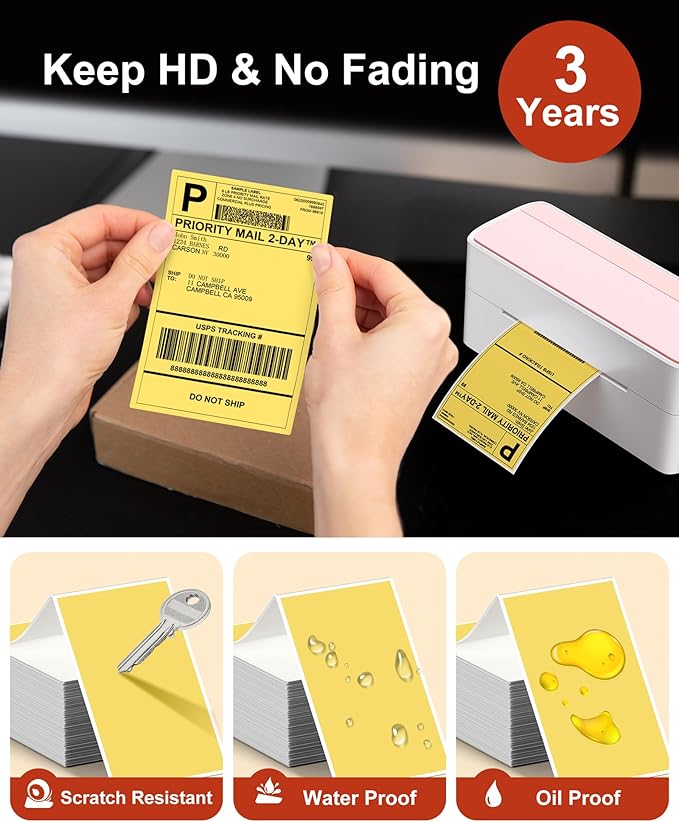 Phomemo 4x6 Thermal Label Printer Paper - 500 PCS Yellow 4"x6" Fan-Fold Shipping Supplies Labels - Water/Oilproof Label Stickers - Permanent Adhesive Thermal 4x6 Labels for Small Business (Pack of 2)