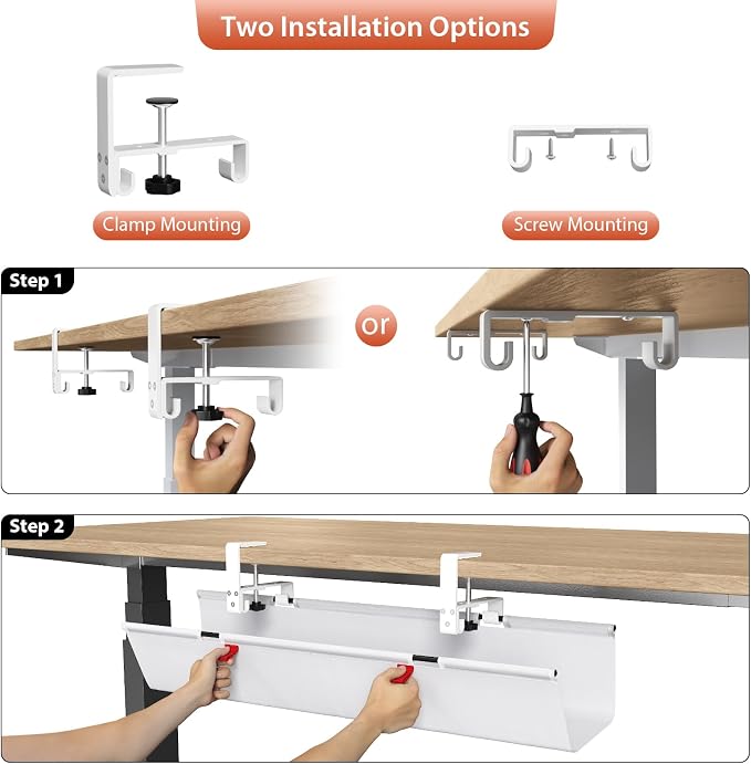 Univivi No Drill Under Desk Cable Management Tray, 28 inch Cable Management | Clamp/Screw Mount Cable Management Desk, Premium Fabric Cable Management Box, Various Sizes Wire Management for Office, Home