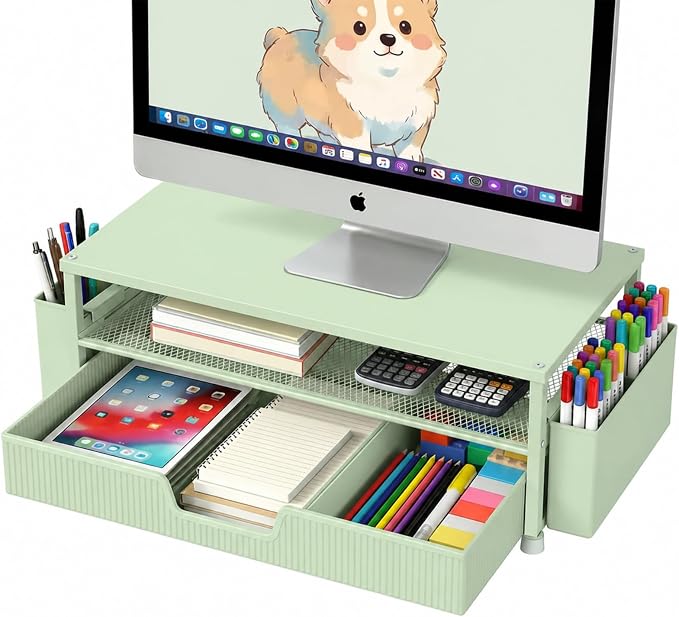 ECOLOVI Desk Organizer and Accessories, 2-Tier Computer Monitor Stand Rise with Storage Drawer & 2 Pen Holders, Laptop & Printer Stand for Desktop, Workspace Organizers for Office Supplies (Sage Green)