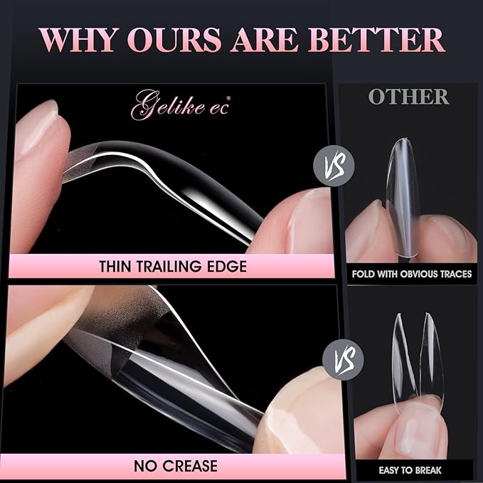 Gelike EC Soft Gel Nail Tips Kit for Soak Off Nail Extensions,Full Cover,Square Shaped,Pre-Buff PMMA Resin,Clear Ultra-Thin Design,10 Sizes,240 Pieces,Medium Square