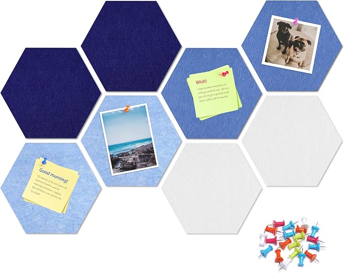 8-Pack Hexagon Felt Bulletin Board Tiles, Cork Board Alternative | For students and teachers creating vision boards in homes, offices, dorms or classrooms; includes 40 tabs and 30 push pins