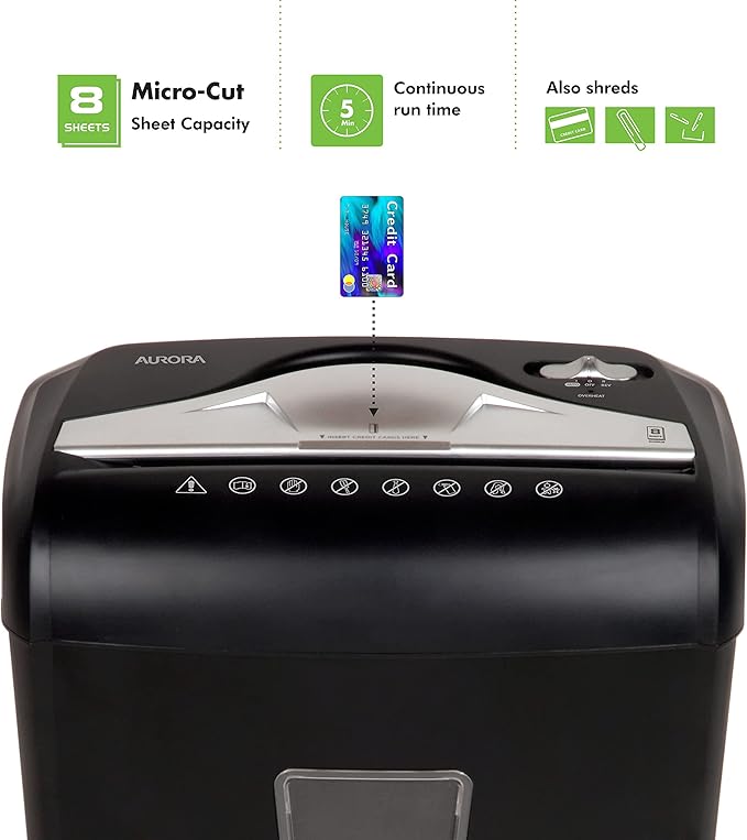 Aurora High-Security 8-Sheet Micro-Cut Paper Credit Card Shredder and 16 Oz Synthetic Shredder Oil Bottle