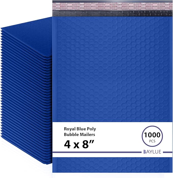 Royal Blue Small Bubble Mailers 4x8 Inch #000 | Thick Padded Poly Mailer Envelopes | Trading card sports Card Mailing Bubble Envelopes | Water & Tear Resistant | 1000 Pack Bulk