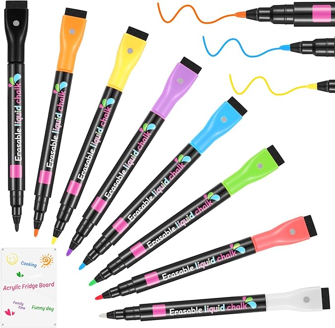 Magnetic Liquid Chalk Markers Wet Erase Markers for Acrylic Calendar Planning Board LED Note Board Clear Glass Whiteboard Window/Mirror Easter Holidays Paintings, 8 Vibrant Colors, 1mm Fine Tip