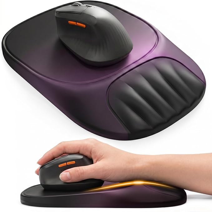 Ergonomic Mouse Pad with Wrist Rest, Sloped Memory Foam Mousepad with Wrist Support, Cooling Channels, Non-Slip Base, Smooth Lycra Surface for Office, Gaming & Home Desk (Galactic Purple)