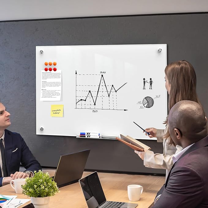 MaxGear 36" x 24" Glass Whiteboard Wall Mounted for Office Home Classroom | Magnetic Glass Dry Erase Board, Tempered Glass, Steel Backed, Non-Porous Surface, Frameless Design, Hardware Included