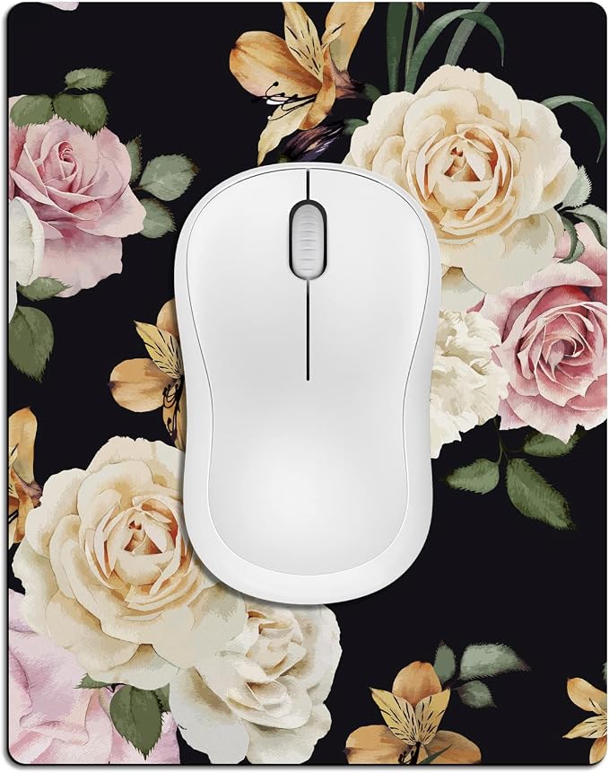 Small Mouse Pad Cute, Mini Mouse Pads for Wireless Mouse and Laptop, Travel Mousepads with Design - Floral on Black Background, Portable Mousepad 5.5 x 7 In, Pretty Desk Accessories for Women