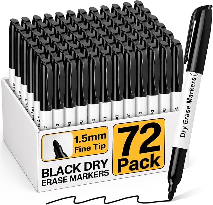 V-Opitos 72 Pack Fine Tip Black Dry Erase Markers | Bulk Whiteboard Markers, Non-Toxic, Easy Clean, Erasable, School Classroom, Office Supplies