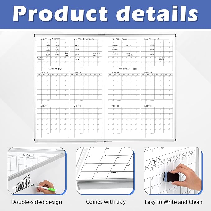 Large 48" x 36" Magnetic 12 Month Dry Erase Calendar White Board Foldable Whiteboard Calendar for Wall Mounted 2 in 1 Double Side Whiteboard with Dry Erase Board for Wall Office Home