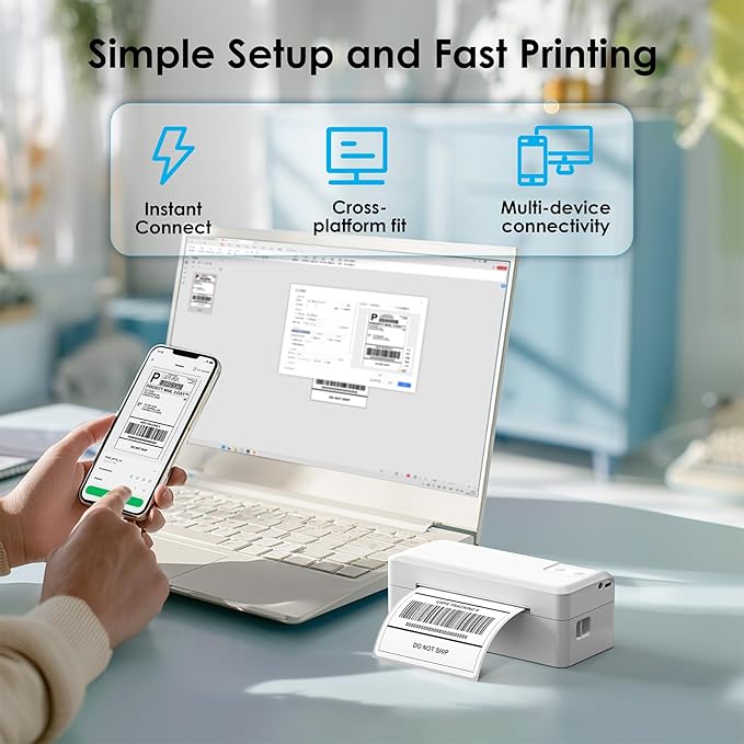 Shipping Thermal Label Printer, 4x6 Portable Label Printer, Bluetooth Label Maker for Small Business, Support iPhone,Android,Windows,Mac,Chromebook,Works with USPS, Etsy,Shopify&More, White