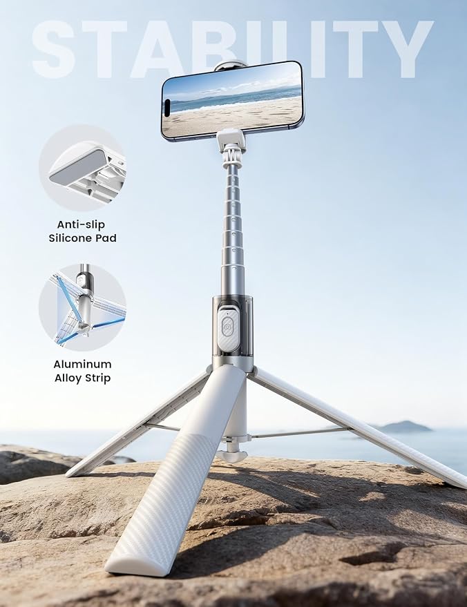 Lamicall 65" Tripod for iPhone 0.77lb Selfie Stick with Remote & Cold Shoe | Auto Open Phone Tripod Ultra-Stable Phone Stand for Recording for Travel Live Stream Vlog fit iPhone 17 Pro Max Android-White