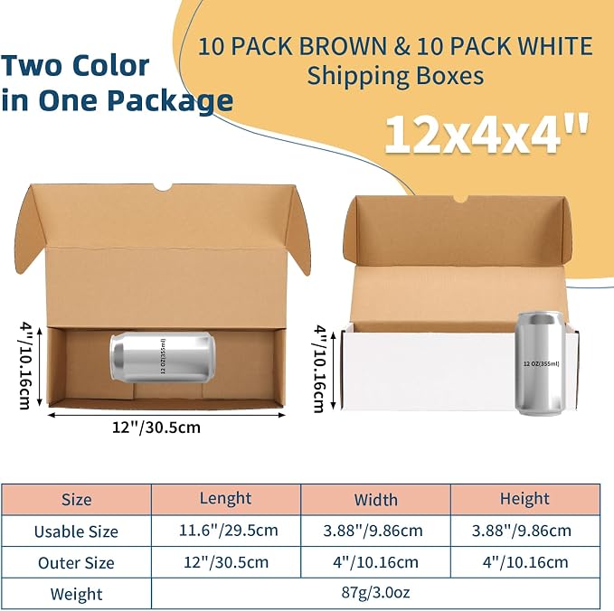 ZBEIVAN 12x4x4 Mixed Color Shipping Boxes Set of 20, Corrugated Cardboard Mailer Boxes for Packaging Small Business Mailing Gifts, White Brown