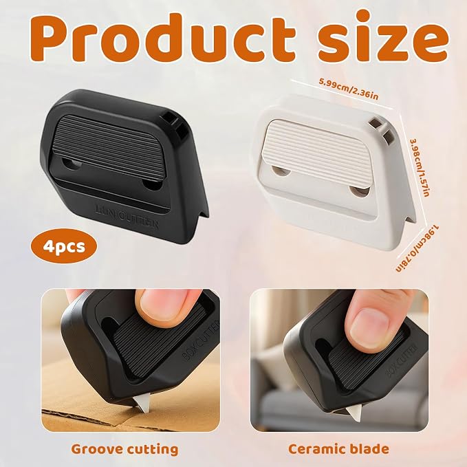 Mini Ceramic Paper Cutter, Magnetic Box Cutter with Safety Ceramic Blades, 4-Pack for Cardboard and Food Packaging, Safe for Kids 14+ and Office Use (Black&White)