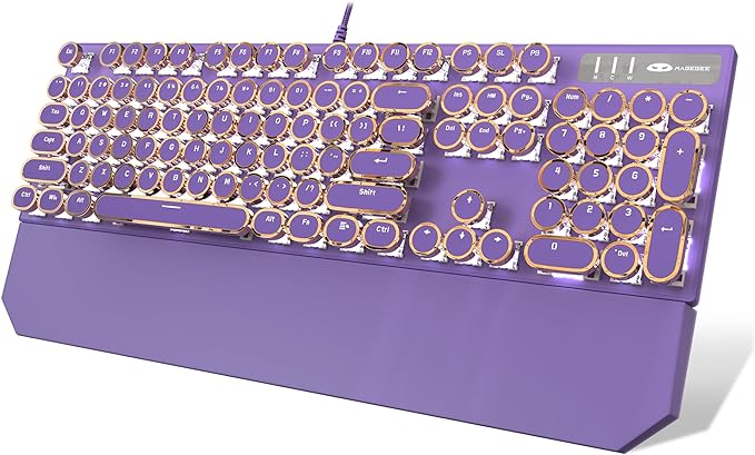 Camiysn Typewriter Style Mechanical Gaming Keyboard, Purple Retro Punk Gaming Keyboard with White Backlit, 104 Keys Blue Switch Wired Cute Keyboards, Round Keycaps for Windows/Mac/PC
